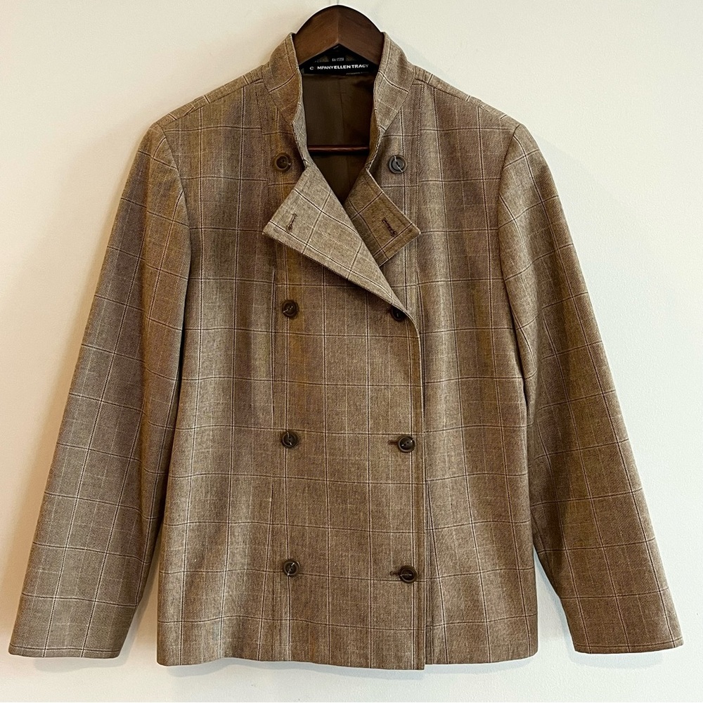 Ellen Tracy Brown Plaid Lined Double-Breasted Blazer Jacket Women’s Sz 12 Cotton